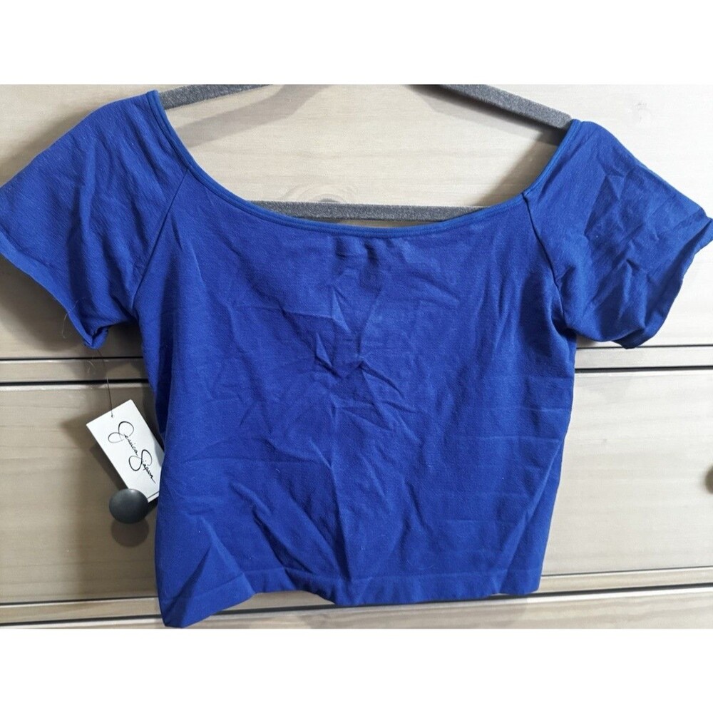 The Jessica Simpson Blue Solid V-Neck Short Sleeve Cropped Knit Top in size L